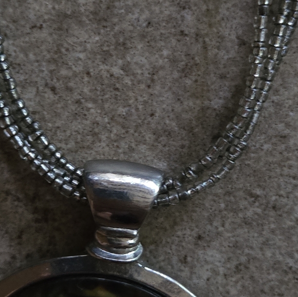 Lrg Round Abalone Pendant Statement Silver Tone Chain - Picture 4 of 8